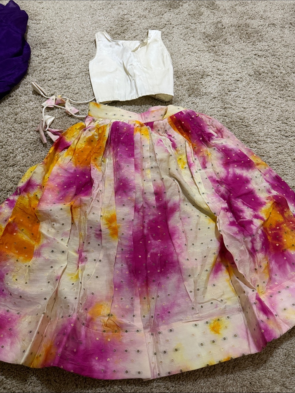 Toddler girl indian Cream Silk Crop Top with Pink & Orange Tie-Dye Skirt Set